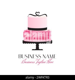 Pink Romantic Cake Logo Design with Heart Stock Vector