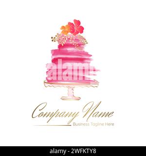 Abstract Cake Bakery Logo Design in Bright Watercolor Brush Style and Cake Stand Stock Vector