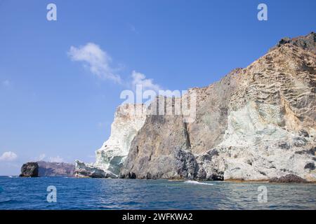 Santorini - The white rock towers from south part of the island. Stock Photo