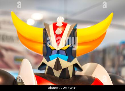 tokyo, japan - may 13 2024: Portrait of the face of a large statue of the Japanese anime UFO Robot Grendizer aka Goldorak created by the author Go Nag Stock Photo