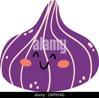Cute hand drawn fig smiling. Kawaii funny fruit character for kids Stock Vector