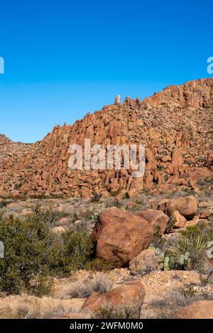 View of rocks along the trail to the Balanced Rock formation. Big Bend National Park, Texas, USA. Stock Photo