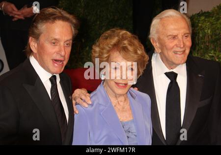 Michael Douglas, Anne Buydens and Kirk Douglas attend the Vanity Fair Oscar Party at Sunset Tower in West Hollywood, CA on February 22, 2009.  Photo Credit: Henry McGee/MediaPunch Stock Photo