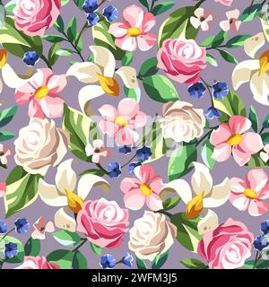 Floral pattern with pink, white, and blue flowers and green leaves on a purple background. Seamless colorful floral print. Vector illustration Stock Vector