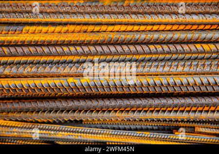 Rusty Iron rods specially prepared to be used in concrete in construction. Stock Photo
