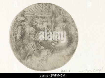 Four Karikaturale Heads, Frans Francken (III), After Pieter Brueghel, 1617 - 1667 print Four caricatural men's heads in a circle. The spiritual with Kalot at the front right is bitten by the man right next to him in his cheek.  paper etching caricatures (human types) Stock Photo