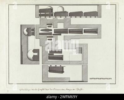 Map of the burial cellar of the Oranje-Nassau house, Caspar Jacobsz. Philips, after N. v d Harg, c. 1767 print Map and intersection of the burial cellar of the Oranje-Nassau house under the Nieuwe Kerk in Delft with the boxes placed therein. Amsterdam paper etching grave-building, monumental tomb. interior of church New church. Delft Stock Photo