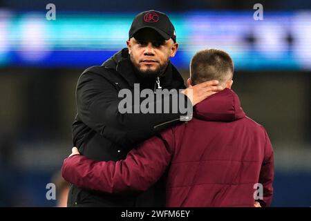 Burnley manager Vincent Kompany (left) after the final whistle in the Premier League match at the Etihad Stadium, Manchester. Picture date: Wednesday January 31, 2024. Stock Photo