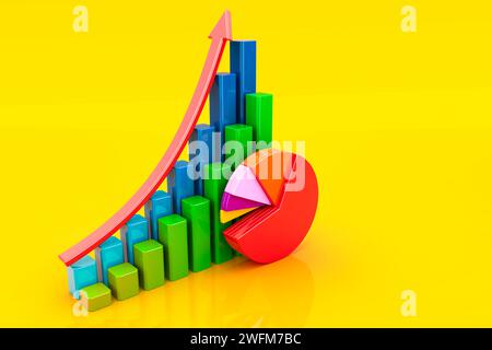 Graphs, pie charts, diagrams, bars with growth red arrow on orange backdrop. 3D rendering Stock Photo