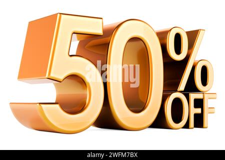 50 percent discount. Golden 50 percent off, text. Discount and sale, concept. 3D rendering isolated on white background Stock Photo