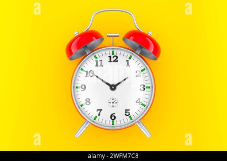 Red alarm clock front view, 3D rendering on orange backdrop Stock Photo
