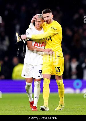 Tottenham Hotspur goalkeeper Guglielmo Vicario (right) celebrates with teammates Richarlison at the end of the match during the Premier League match at Tottenham Hotspur Stadium, London. Picture date: Wednesday January 31, 2024. Stock Photo