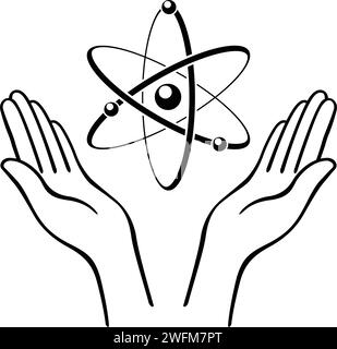simple open hands outline supporting cradling floating black and white atom symbol vector isolated on transparent background Stock Vector