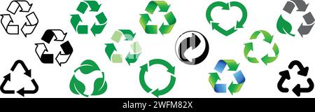 various green blue black white recycle logo outline classic symbol set vector on transparent background Stock Vector