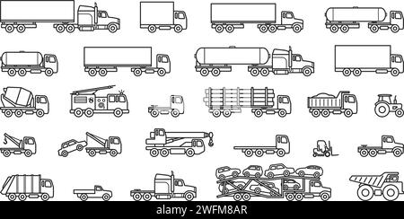various simple truck outline line silhouette set side view icon symbol vector on transparent background Stock Vector
