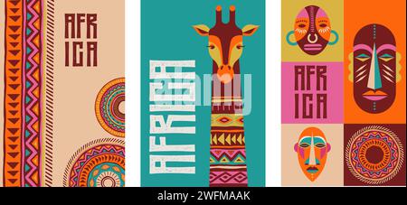Africa patterned design. African background, banner with tribal traditional grunge pattern, elements, concept illustration. Masks, patterns, African Stock Vector