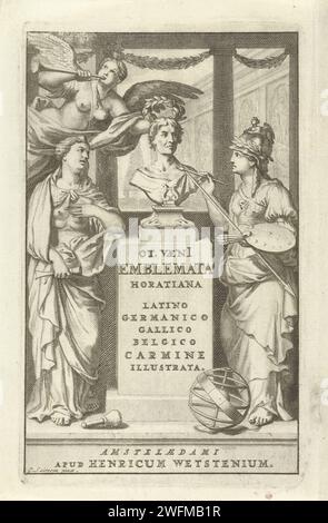 Sculpture and painting honor the bust of Otto van Veen, Gilliam van der Gouwen, after Gerard de Lairesse, 1684 print Title page with a pedestal in the middle with the bust of the painter Otto van Veen. The personification of painting and the personification of sculpture around the image. Faam flies above the image and crowns it with a laurel wreath. On the pedestal the title of the book. Amsterdam paper engraving 'Pictura', symbolic representations, allegories and emblems  painting; 'Pittura' (Ripa). 'Sculptura', symbolic representations, allegories and emblems  sculpture; 'Scoltura' (Ripa). Stock Photo