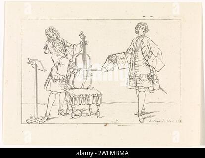 Way men make music, Bernard Picart, 1704 print Two French noblemen in contemporary clothing. One of them plays the cello, which he supports on a taboeret, and looks at the sheet music on its standard. The other has a hat in hand. Paris paper etching one person playing an instrument. viola, violoncello; double bass. clothes, costume (+ women's clothes) Stock Photo