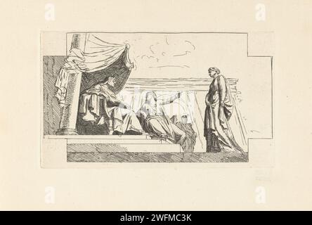 Solomon on his throne, Bernard Picart (Possible), After Es (draftsman), 1683 - 1733 print King Solomon is sitting on his throne. A woman is sitting on the steps and points to a visitor.  paper etching / engraving Solomon enthroned Stock Photo