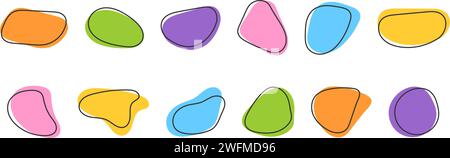 Set of colorful irregular amorphous shapes, uneven blots, asymmetric blobs, liquid ink spots, distorted blotches textures with black stroke. Trendy amoeba figures. Vector flat illustration. Stock Vector