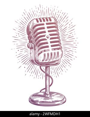 Retro metal microphone on stand. Podcast mic. Vintage vector illustration Stock Vector