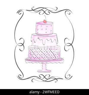 Pink Watercolor Cake Illustration in Victorian Sketch Style and Cherry on Top Stock Vector