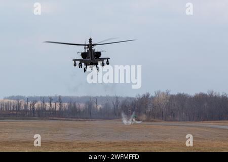 Soldiers from Alpha company, 2nd squadron, 17th Cavalry Regiment, 101st Combat Aviation Brigade, 101st Airborne Division (Air Assault) and 4-2 Attack Battalion, 2nd Combat Aviation Brigade, 2nd Infantry Division, conduct a gunnary range, Jan 30, 2024, Fort Campbell, Ky.  The 101st is committed to building individual, collective, and staff training readiness; test soldier and leader resilience; train tactical fieldcraft; while improving divison and army wide lethality. Stock Photo