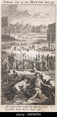 Jona predicts the downfall of Nineve, Jan Luyken, 1712 print  Amsterdam paper etching when Jonah arrives in the city of Nineveh he foretells its destruction in forty days Stock Photo