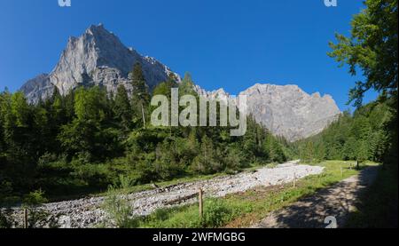 The morning panorama of north walls of Karwendel mountains - walls of Spritzkar spitze and Grubenkar spitze from Enger tall  - Grosser Ahornboden wall Stock Photo