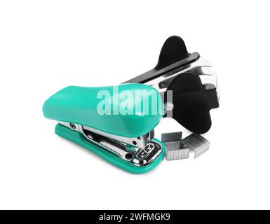 New bright stapler and staple remover isolated on white Stock Photo