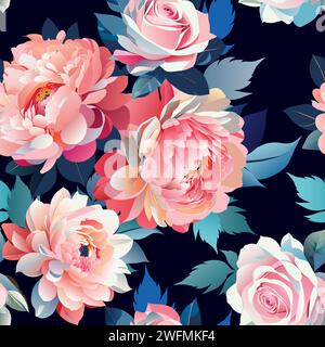 Roses and peonies with leaves seamless reversible pattern. Fabric clothes vintage decorative print. Hand drawn vector flower abstract background. Stock Vector