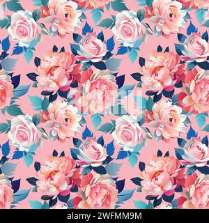 Roses and peonies with leaves seamless reversible pattern. Fabric clothes vintage decorative print. Hand drawn vector flower abstract background. Stock Vector