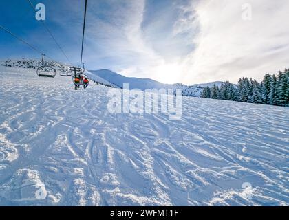 Winter skiing in Bellvue Saint-Gervais-les-Bains, Alps mountain, France. Stock Photo