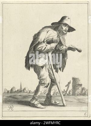 Leper beggar, Pieter Jansz Quast, 1634 - 1638 print A beggar, with Lazarus valve in his hand, runs supportive on a walking stick along a village and a shed. The print is part of a series of twenty -six prints with beggars and farmers. The Hague paper etching / engraving beggar. leper's rattle. walking-stick, staff. shed Stock Photo