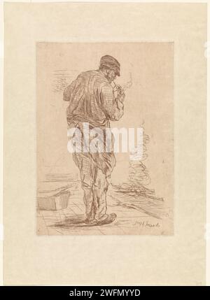 Piping man, Joseph Israëls, 1835 - 1911 print Pipping man with cap, seen on the back. unknown paper etching pipe  tobacco Stock Photo