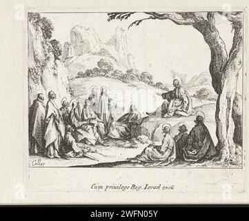 Bergrede, Jacques Callot, 1635 print Christ sits on a rock in a mountainous environment, and speaks to his disciples that are and stand at the foot of the rock. This print is part of a series of ten prints with performances from the New Testament, to which a title print has been added after Callot dead. print maker: Nancypublisher: Paris paper etching Christ's sermon on the mount (Matthew 5-7). Christ preaching in the open Stock Photo