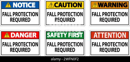 Fall Protection Warning Symbol Danger Sign, Use Of Fall Protection Required When Climbing Ladder Stock ...