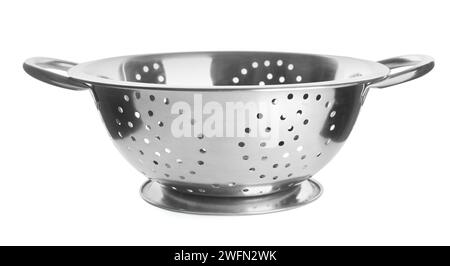 New shiny colander isolated on white. Cooking utensil Stock Photo