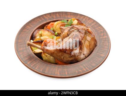 Tasty cooked rabbit meat with vegetables isolated on white Stock Photo