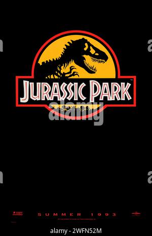 Jurassic Park (1993) directed by Steven Spielberg and starring Sam Neill, Laura Dern, Jeff Goldblum and Richard Attenborough. Successful blockbuster about a theme park containing live dinosaurs, what could go wrong? Photograph of an original 1993 US advance poster. ***EDITORIAL USE ONLY*** Credit: BFA / Universal Pictures Stock Photo