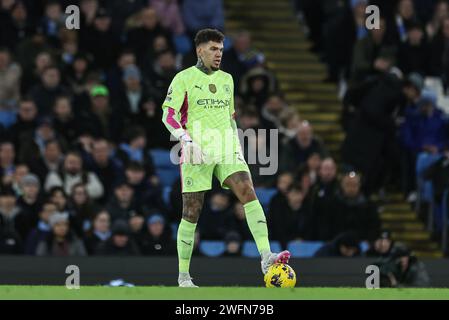 Manchester, UK. 31st Jan, 2024. Ederson of Manchester City with the ball during the Premier League match Manchester City vs Burnley at Etihad Stadium, Manchester, United Kingdom, 31st January 2024 (Photo by Mark Cosgrove/News Images) in Manchester, United Kingdom on 1/31/2024. (Photo by Mark Cosgrove/News Images/Sipa USA) Credit: Sipa USA/Alamy Live News Stock Photo