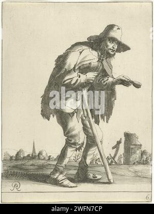Leper beggar, Pieter Jansz Quast, 1634 - 1638 print A beggar, with Lazarus valve in his hand, runs supportive on a walking stick along a village and a shed. The print is part of a series of twenty -six prints with beggars and farmers. The Hague paper etching / engraving beggar. leper's rattle. walking-stick, staff. shed Stock Photo