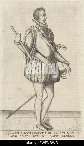 Portrait of Don Juan van Austria, Christoffel van Sichem (I), in or before 1601 print Portrait of Don Juan van Austria, governor of the Netherlands. He holds a command staff in his hand. Under the print in Latin are name and function.  paper engraving / letterpress printing Stock Photo