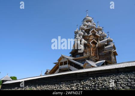 Medieval wooden Church of the Transfiguration of the Lord built in 1714 on Kizhi Island on Onega Lake in Karelia Stock Photo