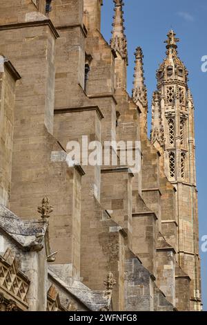 The zoom view of King's college chapel architectural details such as tower adorned with spikes and some pinnacles and flying buttresses. University of Stock Photo