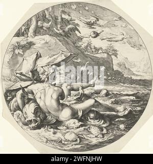 Fifth day of creation: creation of the animals, Jan Harmensz. Muller, after Hendrick Goltzius, 1589 print The fifth day of creation, on which the animals were created. Various animals and birds run on land. Birds flying in the sky. In the foreground the sea with fish and scratching and a sea god with shells in the hair. To the Bible text in Gen. 1: 20-23. Amsterdam paper engraving creation of the animals  Genesis. gods of the waters: the older dynasty (second series): children of Oceanus, river and small water deities. animals. fishes Stock Photo