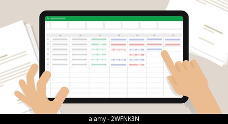 spreadsheet screen in tablet hand do accounting counting number office work financial calculation Stock Vector