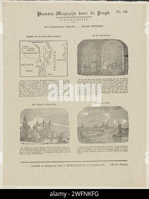 The Duchy of Limburg. 200,000 inhabitants, 1844 print Leaf with 4 performances about the Duchy of Limburg with a map and important places and buildings: the Sint-Pietersberg, the Vrijthof in Maastricht and Venlo. A title and a caption under each performance above each performance. Numbered at the top right: No. 14. Publisher: Purmerendprint Maker: Netherlands paper letterpress printing maps, atlases Maastricht. Vrijthof. Venlo. Limburg (Dutch province). Sint-Pietersberg Stock Photo