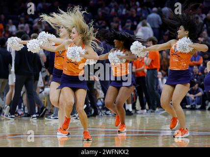 Charlottesville, VA, USA. 31st Jan, 2024. The UVA Dance Team performs during a NCAA Men's Basketball game between the Notre Dame Fighting Irish and the University of Virginia Cavaliers at John Paul Jones Arena in Charlottesville, VA. Justin Cooper/CSM/Alamy Live News Stock Photo