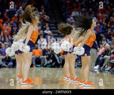 Charlottesville, VA, USA. 31st Jan, 2024. The UVA Dance Team performs during a NCAA Men's Basketball game between the Notre Dame Fighting Irish and the University of Virginia Cavaliers at John Paul Jones Arena in Charlottesville, VA. Justin Cooper/CSM/Alamy Live News Stock Photo